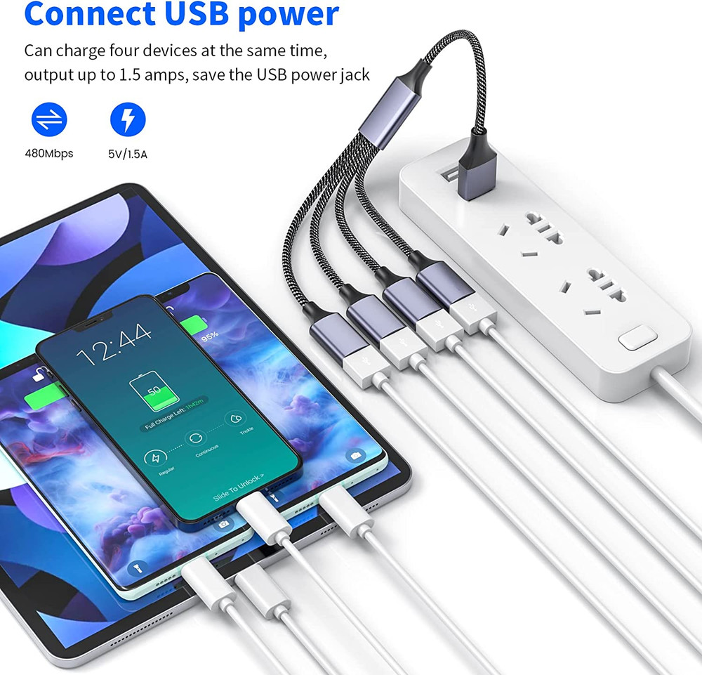 USB Splitter, 4-Port USB 2.0 Electronic Adapter, Multi-Socket USB Hub for Data T