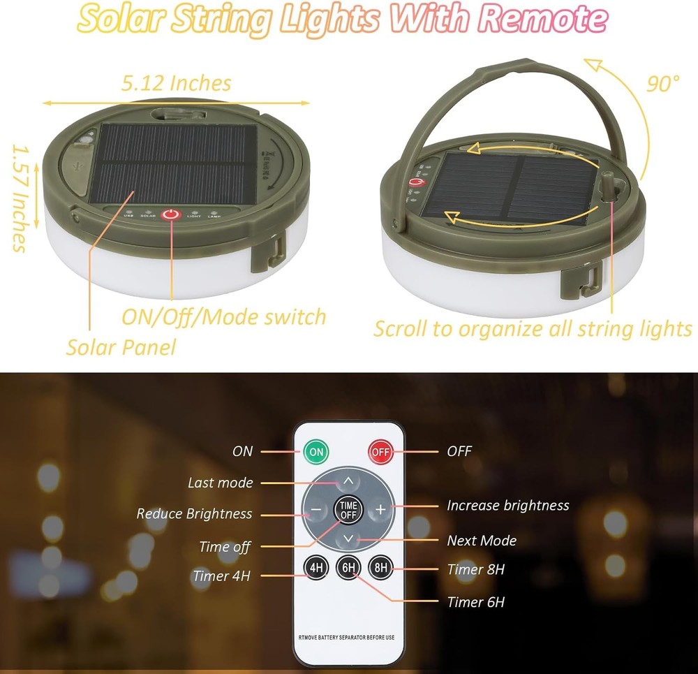 Solar Camping String Lights, 39.4FT Waterproof Camping Lights with 8 Lighting