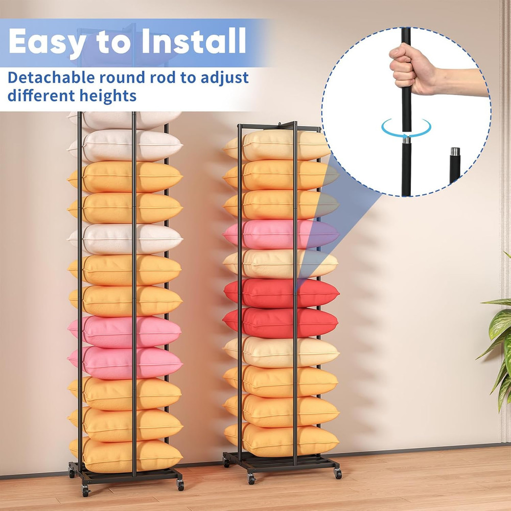 Pillow Storage Rack, Ajustable Pillow Display Rack with Wheels, Metal Throw Pill