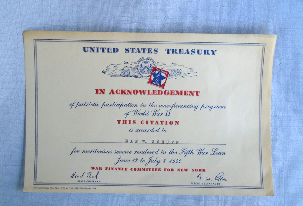 Fifth War Loan citation, named, WWII