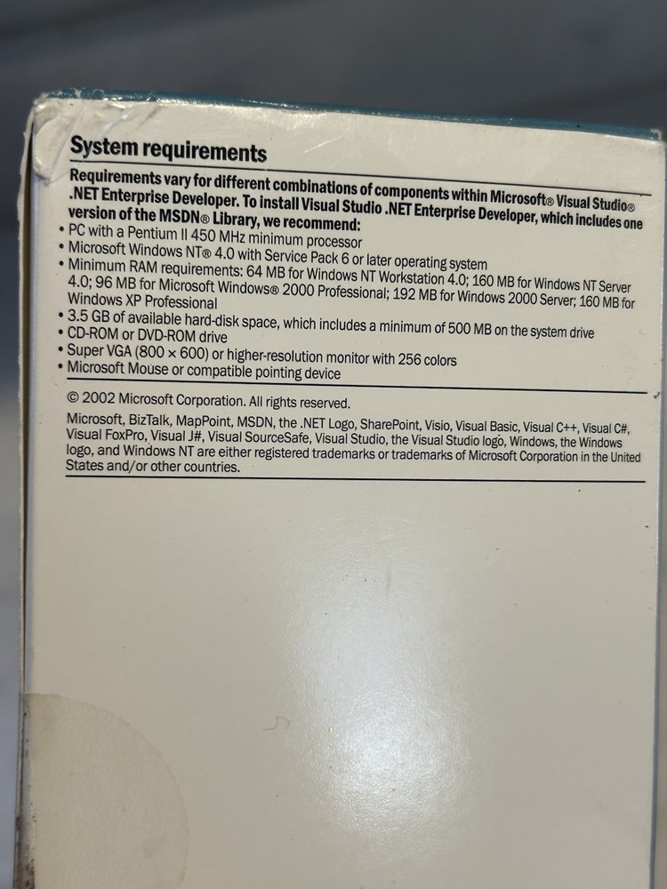 Microsoft Studio.net 2002 Enterprise Developer Full Retail Complete