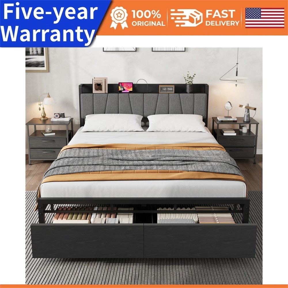 Full/King Bed Frame with Storage Headboard Platform Bed with 2 Large Drawers