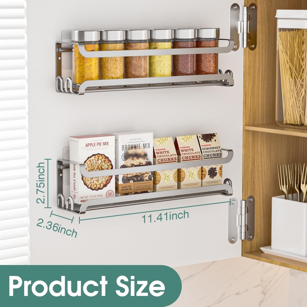 2 Pack Wall Mounted Spice Rack with 8 Hooks Spice Organizer Shelf Silver