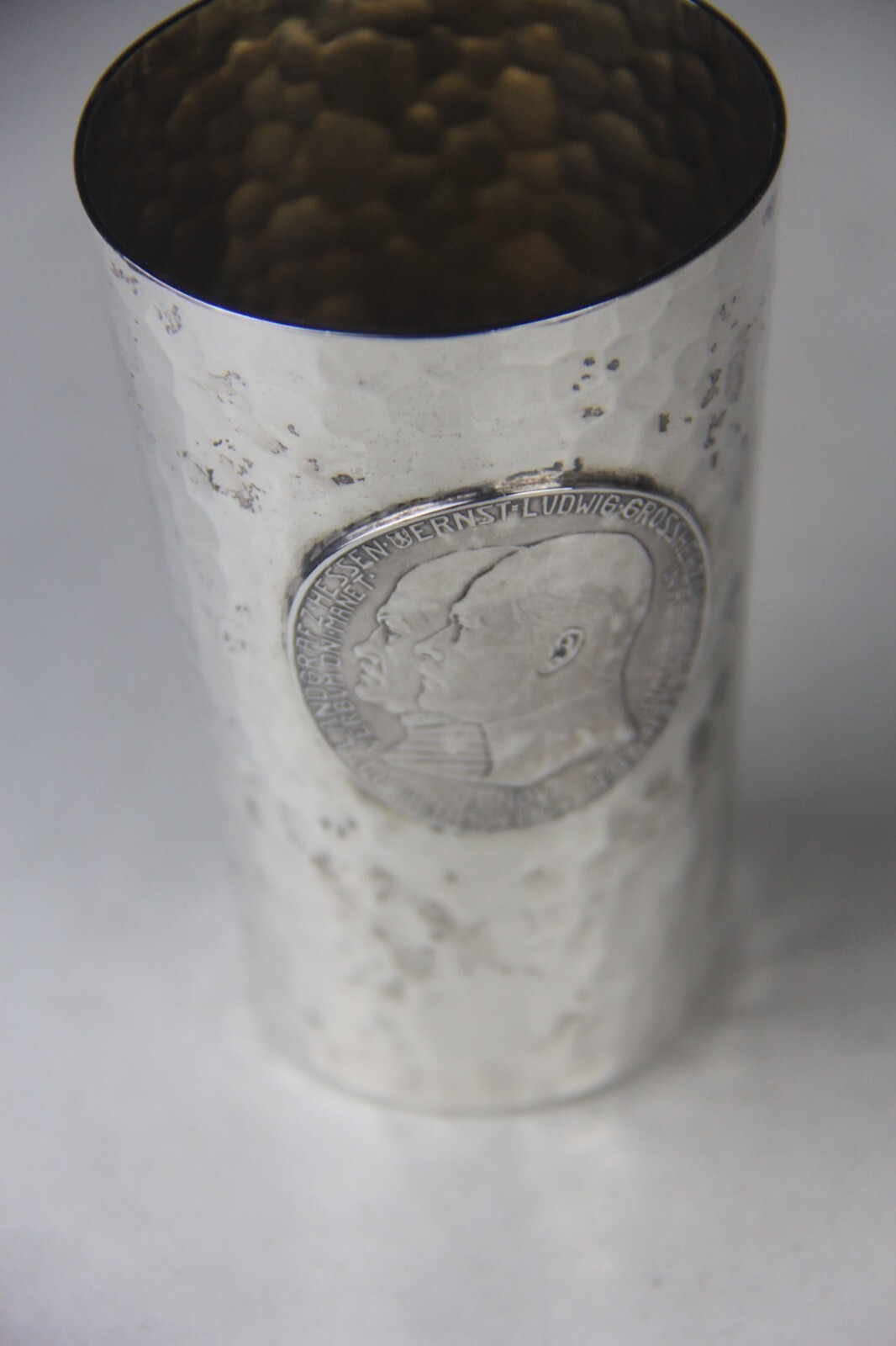 1904 German Hammered 800 Silver Beaker w/Hesse-Darmstadt 5 Mark Coin Attached