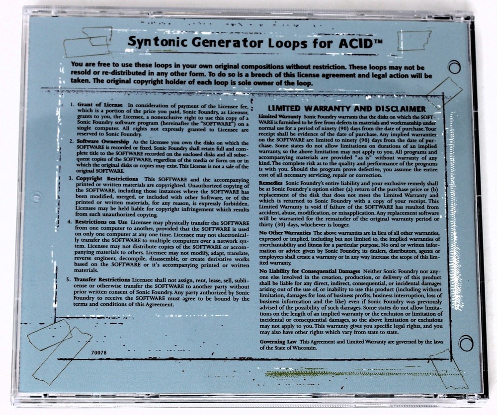Sonic Foundry Syntonic Generator Loops For Acid Sample/Sound Library/Sampling CD