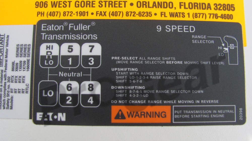 Fuller transmission 9 speed RT RTX shift pattern 20398 "H" pattern