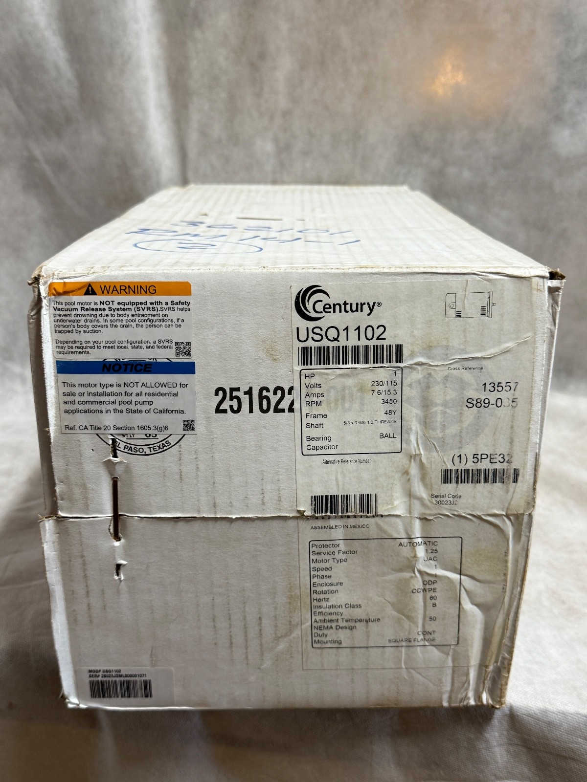 New in Box Century USQ1102 1HP Single-Speed Swimming Pool Pump Motor