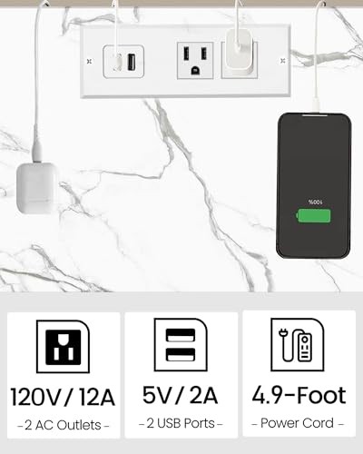 End Table with Charging Station, Small Side Table with Outlets, 1 Marble White