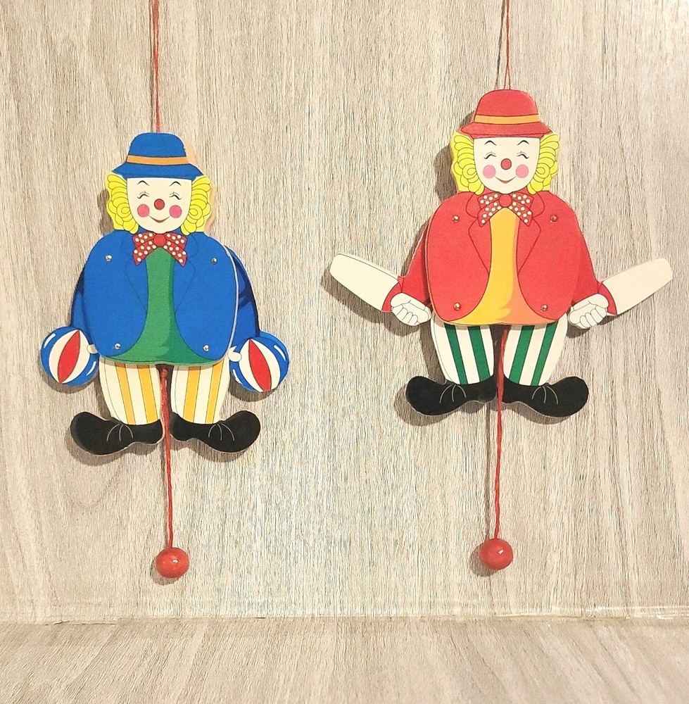 2 Vintage Pull String Jumping Jack Wooden Puppet Clowns Hand Painted