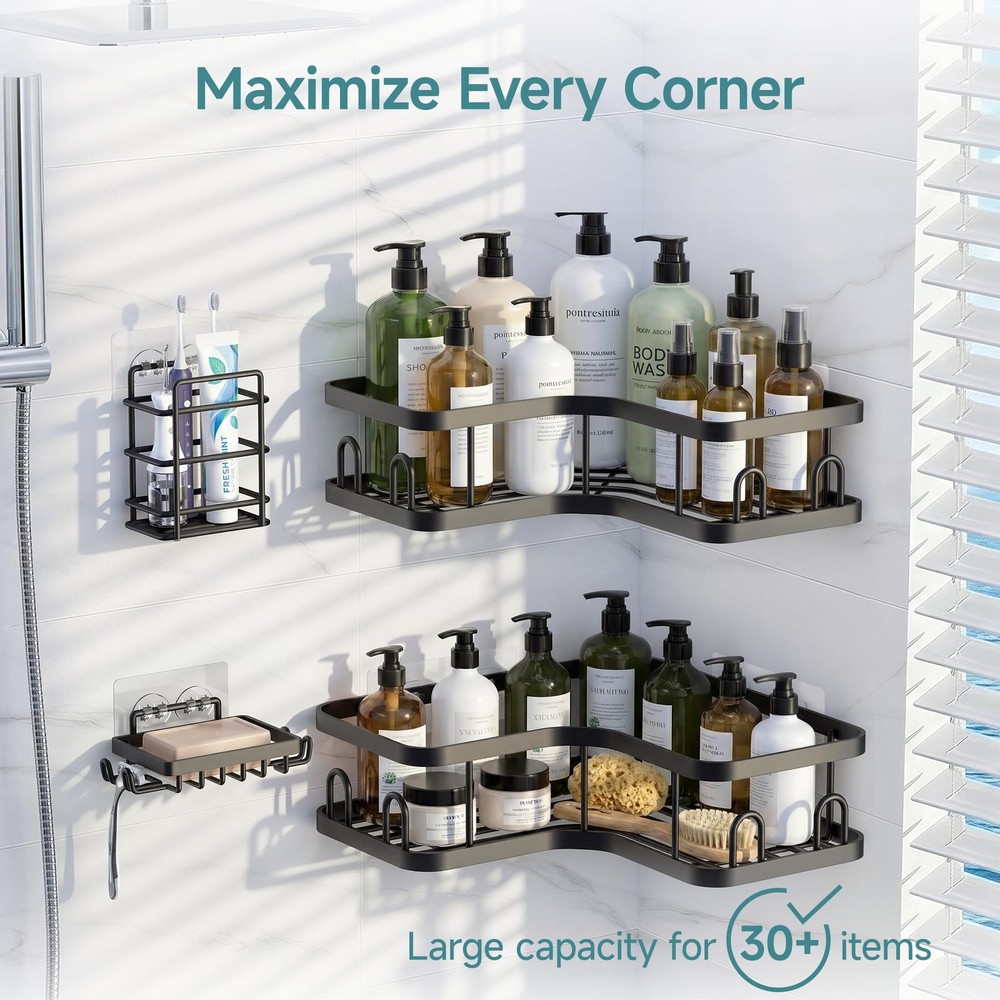 Corner Shower Caddy 4-Pack, Advanced Rustproof Design, No Drilling Adhesive S...