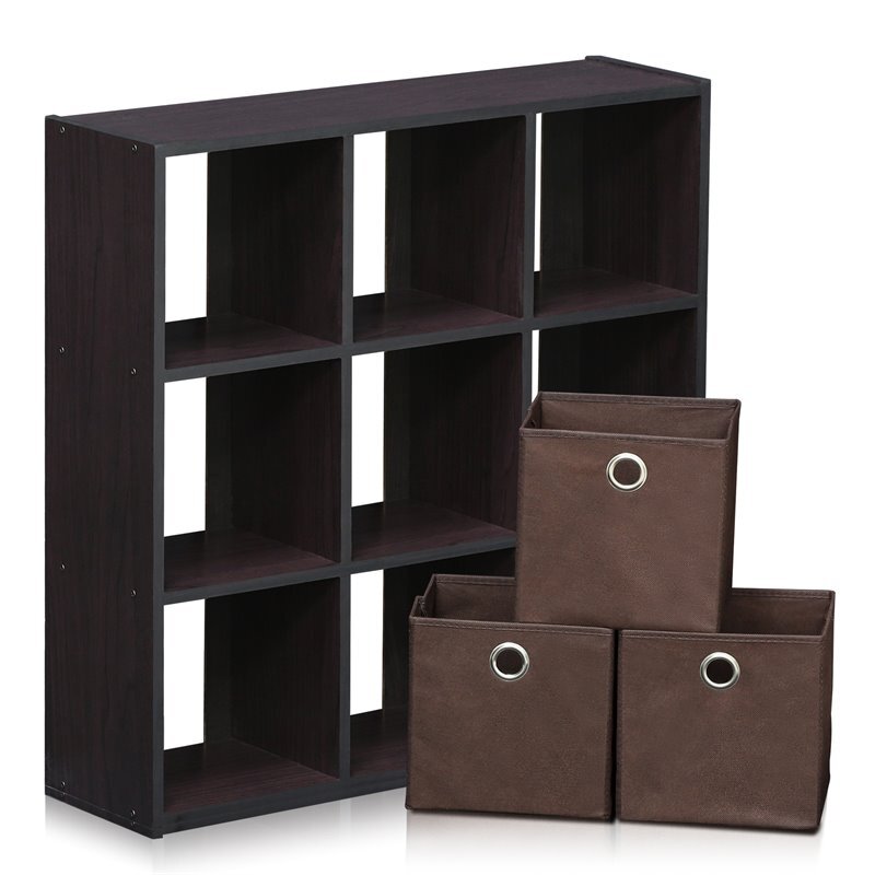 Furinno Engineered Wood Simplistic 9-Cube Organizer with Bins in Dark Walnut