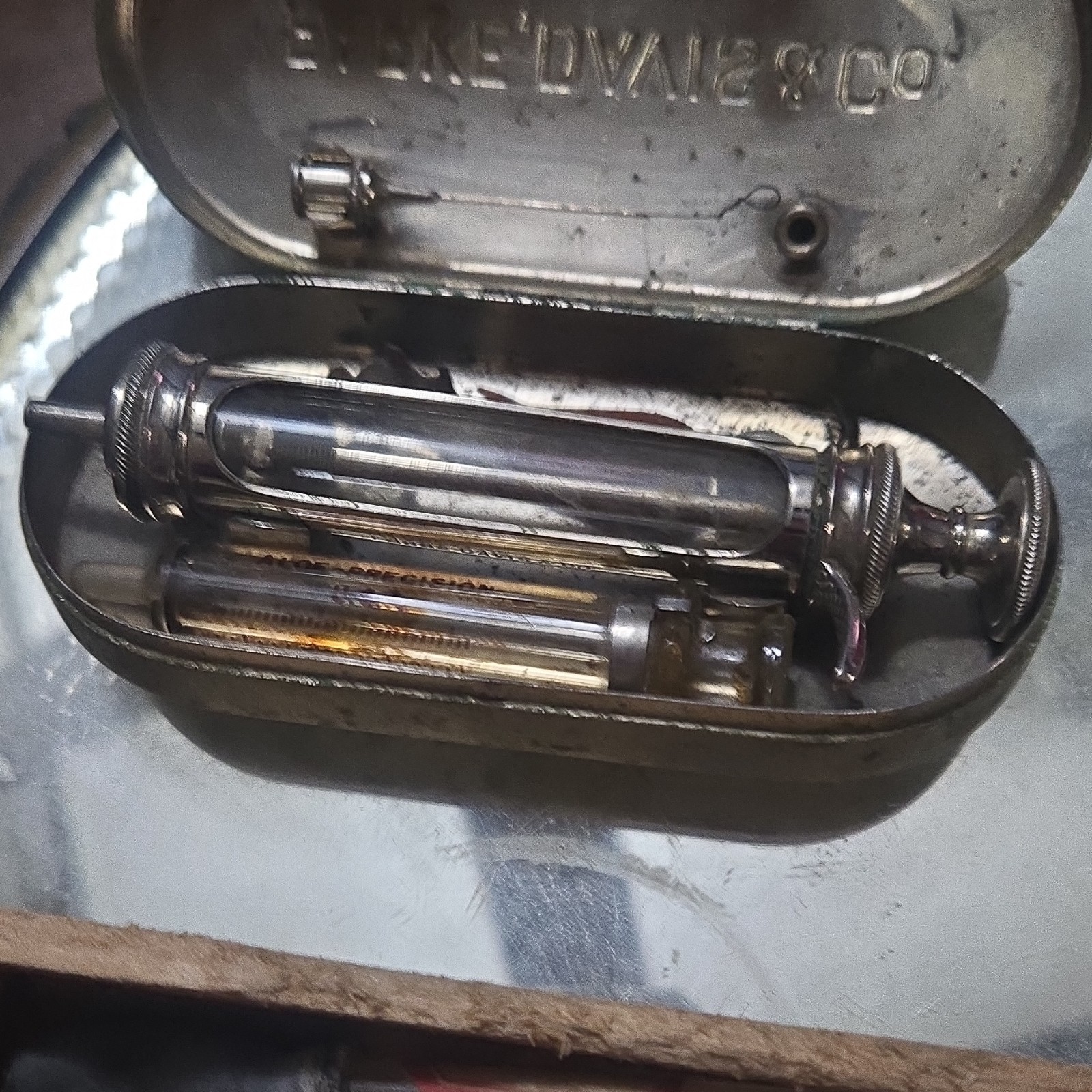 E. Lake & Co Glass Syringe Set in Metal Case Pre-1930 Antique