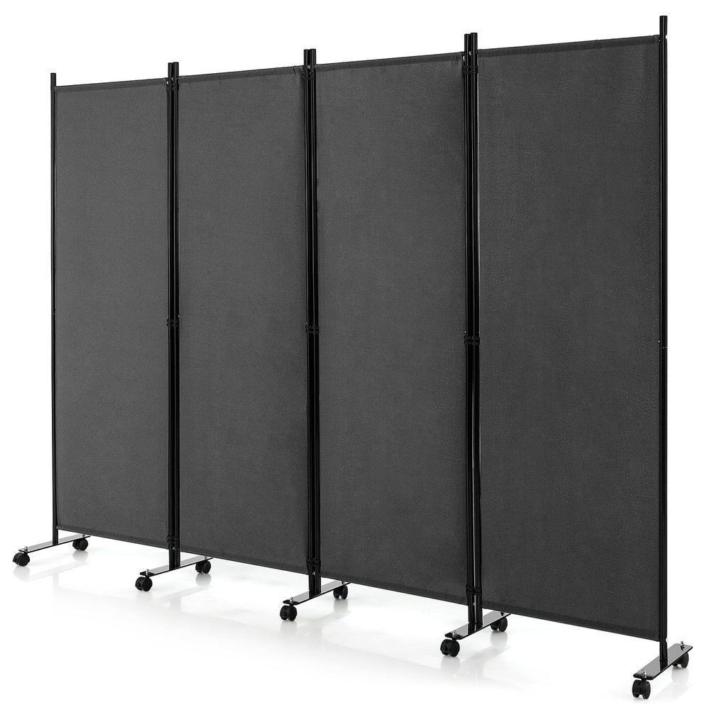4-Panel Folding Room Divider 6' Rolling Privacy Screen w/ Lockable Wheels Grey