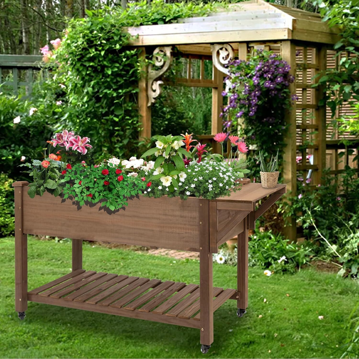 PetsCosset Raised Garden Bed Mobile Raised Wooden Box with Lockable Wheels
