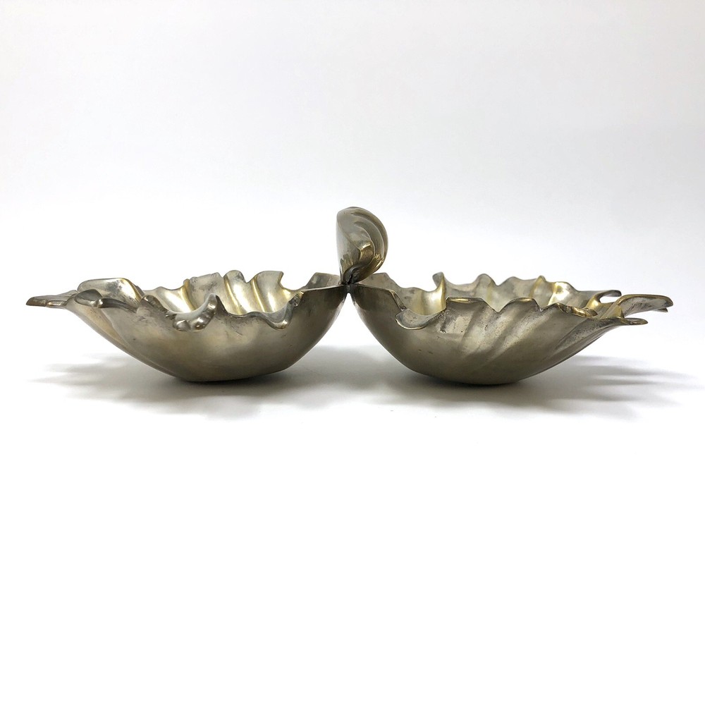 Vtg 1969 Silverplate Seashell Freeform Double Candy Dish Handle Gold Interior