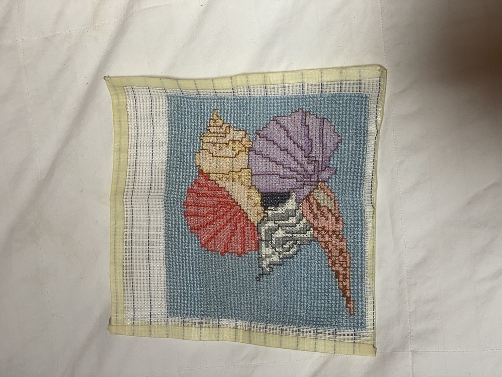 Vintage Needlepoint Seashells Coastal Beach Decor Handmade Unfinished Panel