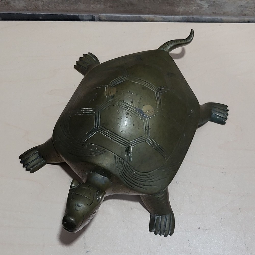 Vintage Etched Solid Brass Turtle Longevity Animal Tortoise