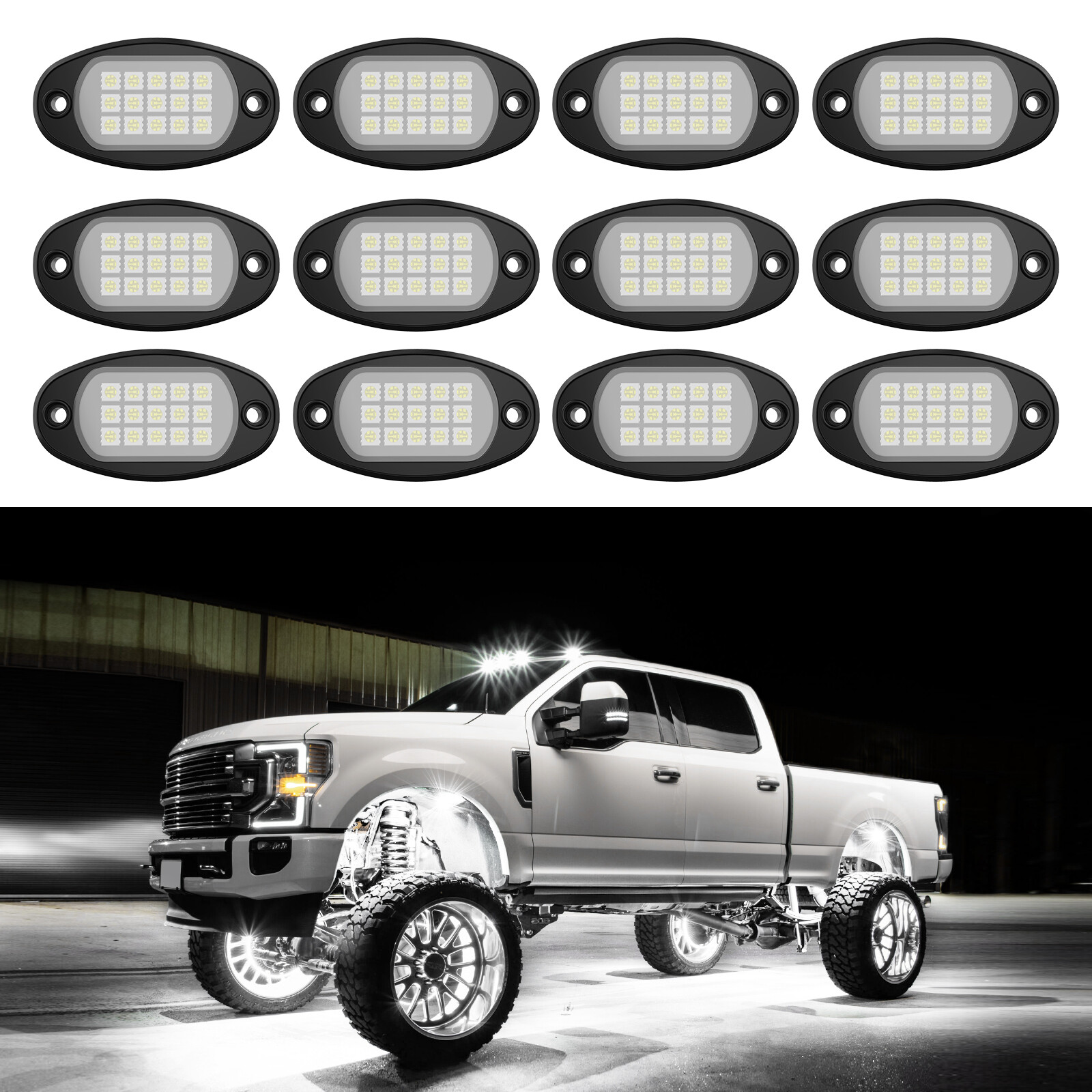 12 PCS Pure White LED Rock Lights, Waterproof Underglow Underbody Lighting Kit