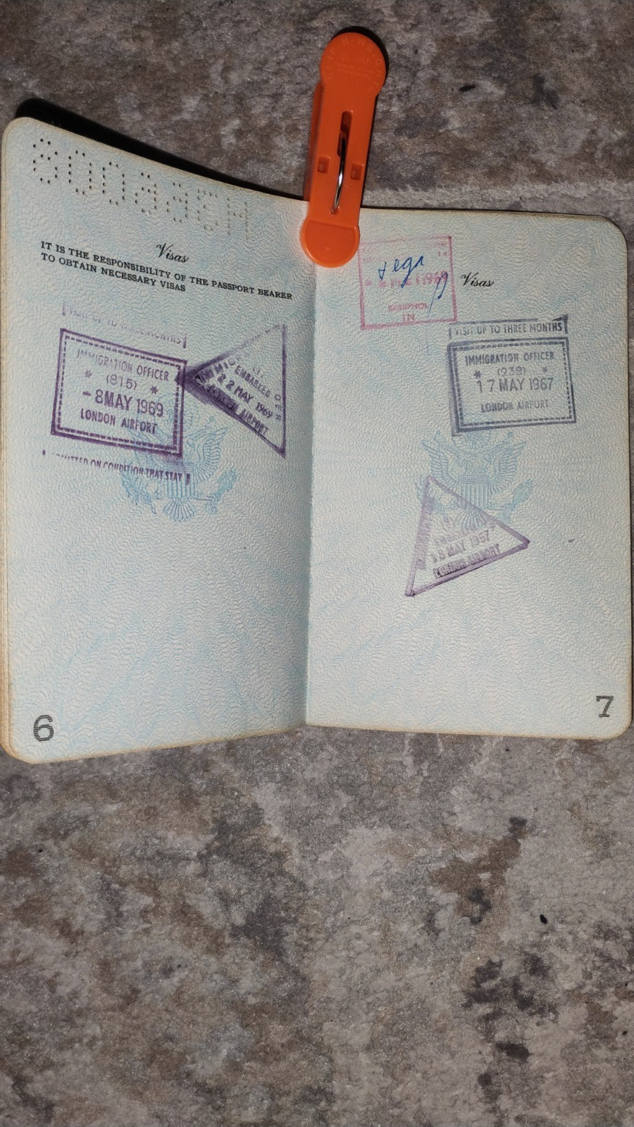 VINTAGE PASSPORT USA 1967 TRAVEL UK and The Netherlands