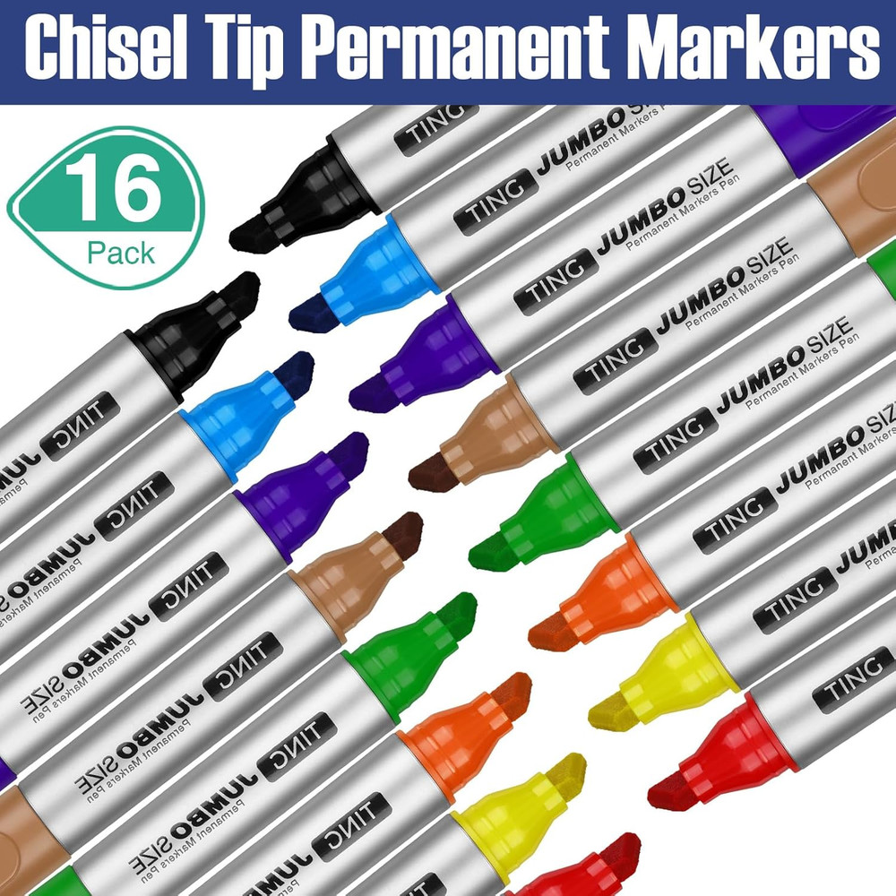 Fuutreo 16 Pcs Jumbo Size Permanent Markers Bulk Large Chisel Tip Permanent