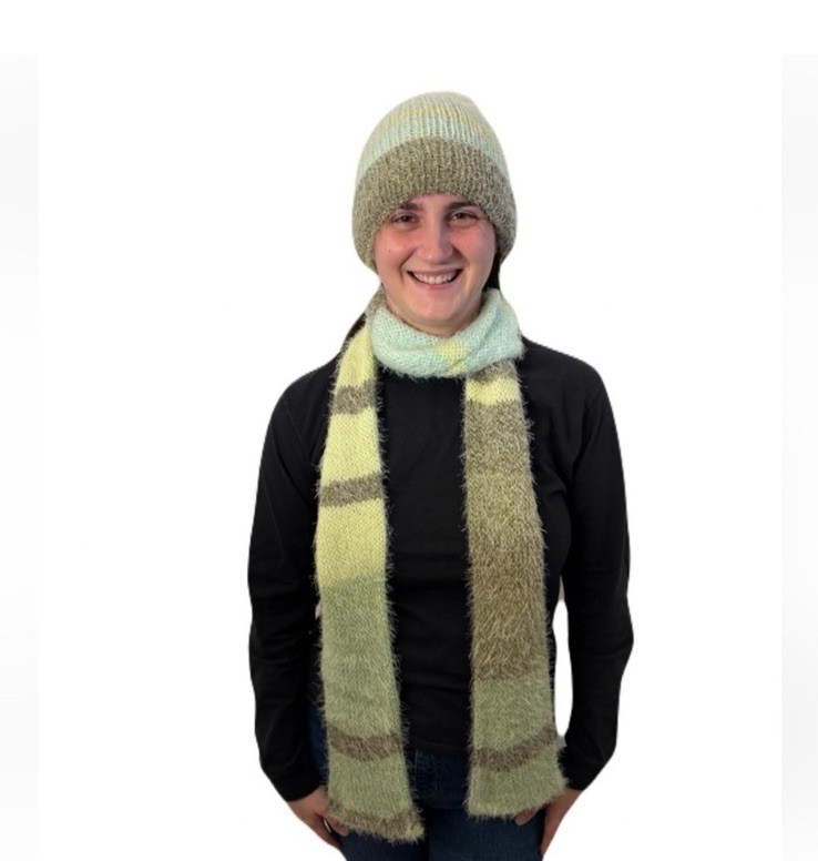 Fuzzy Multicolored Striped Knit Hat and Scarf Set