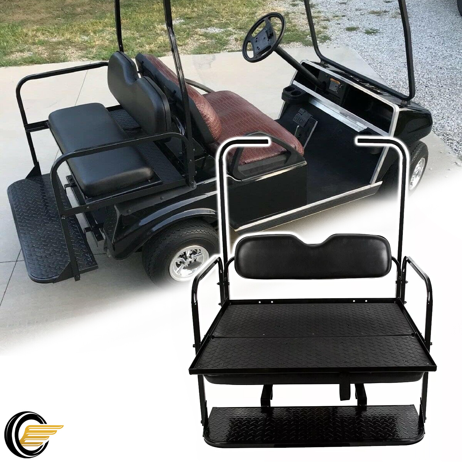 Fit EZGO TXT Golf Cart 1995+ Flip Folding Rear Back Seat with Roof Support Black