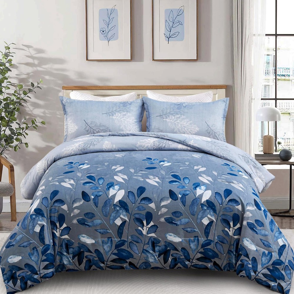 DJY Blue Comforter Set King, Navy Botanical Leaves for