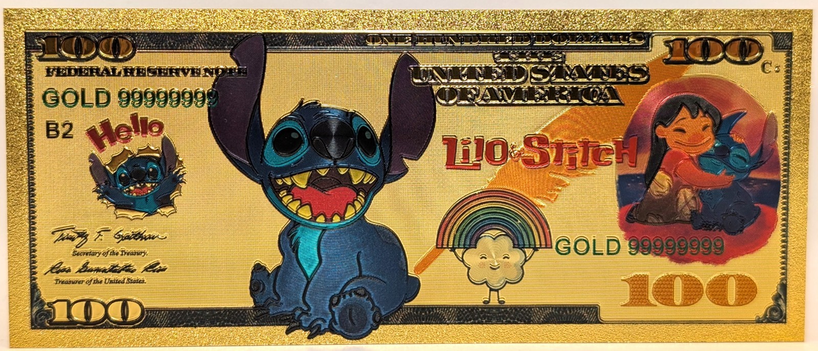 Stitch Lilo & Stitch Disney $100 Dollar 24K Gold Foil Plated Note Bill - XX117