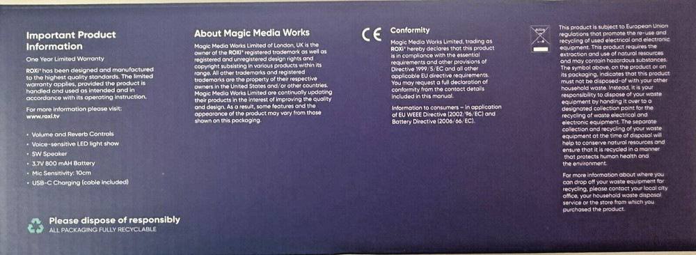 ROXi Karaoke Wireless Rechargeable Dynamic Microphone, Black