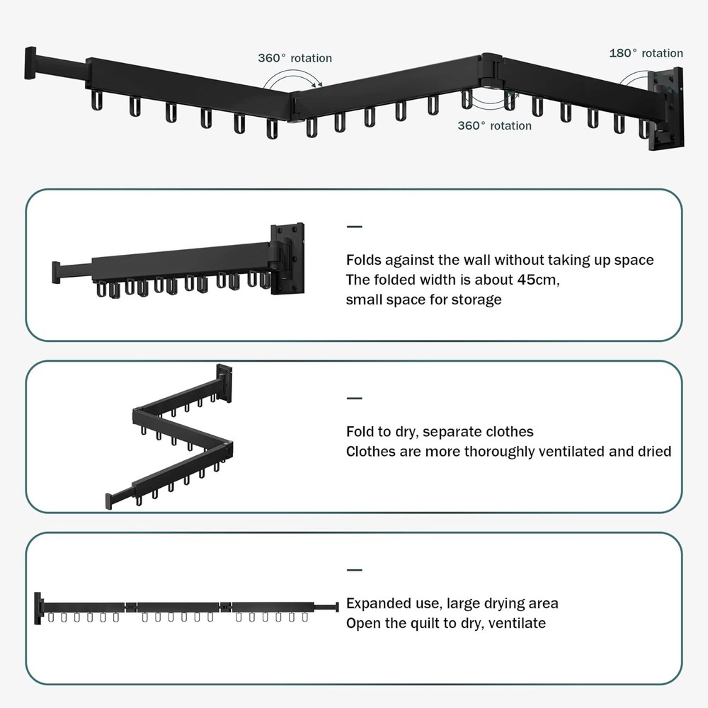 Drying rack, wall-mounted, retractable, foldable, strong load-bearing