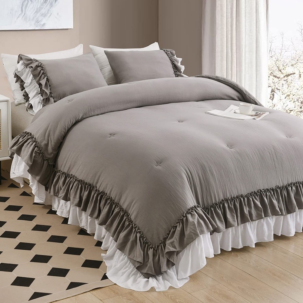Masaca Ruffle Queen Comforter Set,Grey White Ruffled Comforter Sets for Queen...