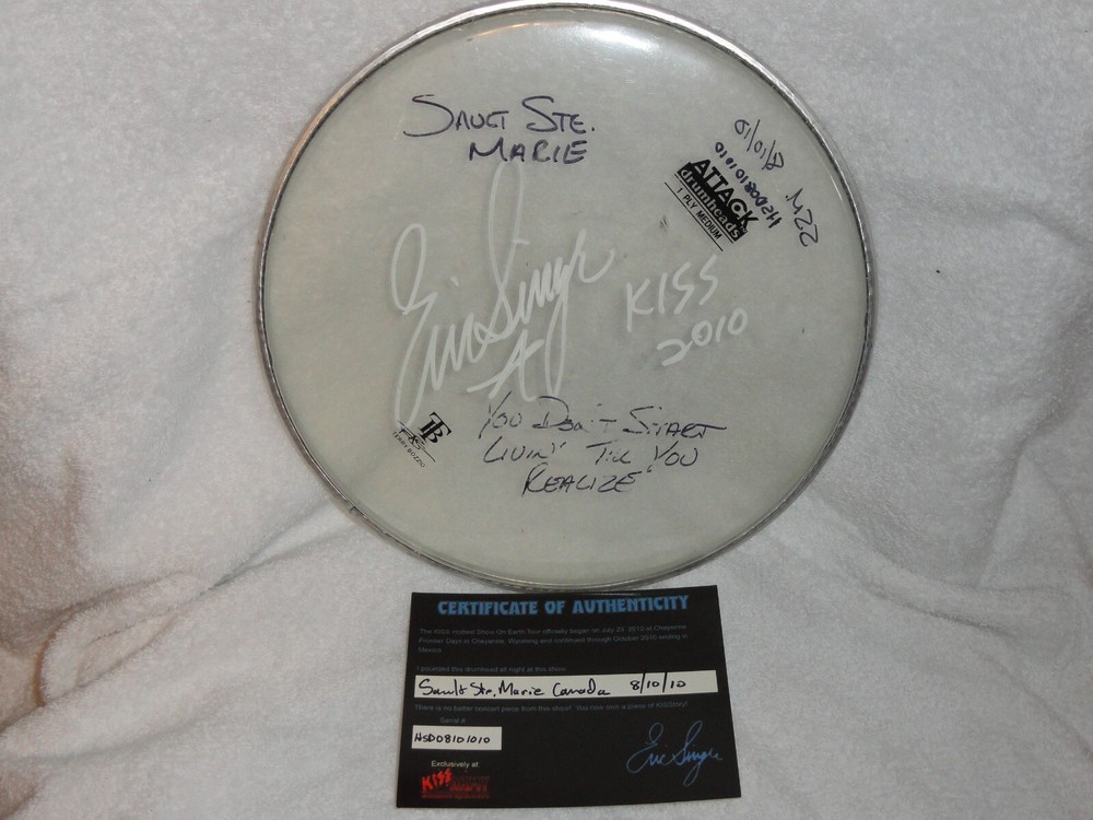 KISS ERIC SINGER Signed DRUM HEAD H.S.O.E TOUR Stage Played W/COA