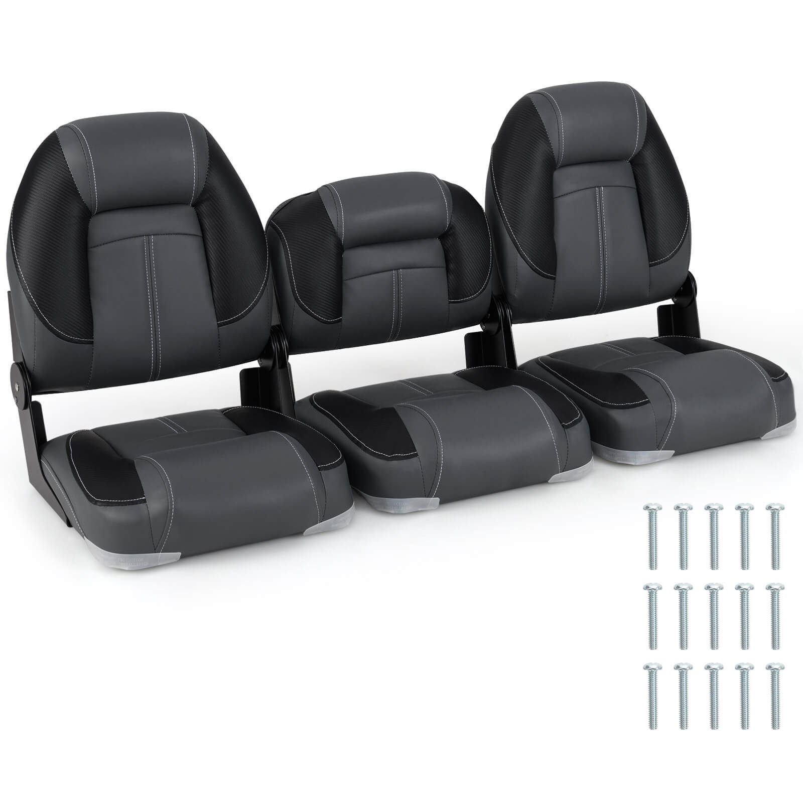 3-Pack Folding Boat Seats w/ 28D Soft Sponge Padding, Waterproof PVC Leather