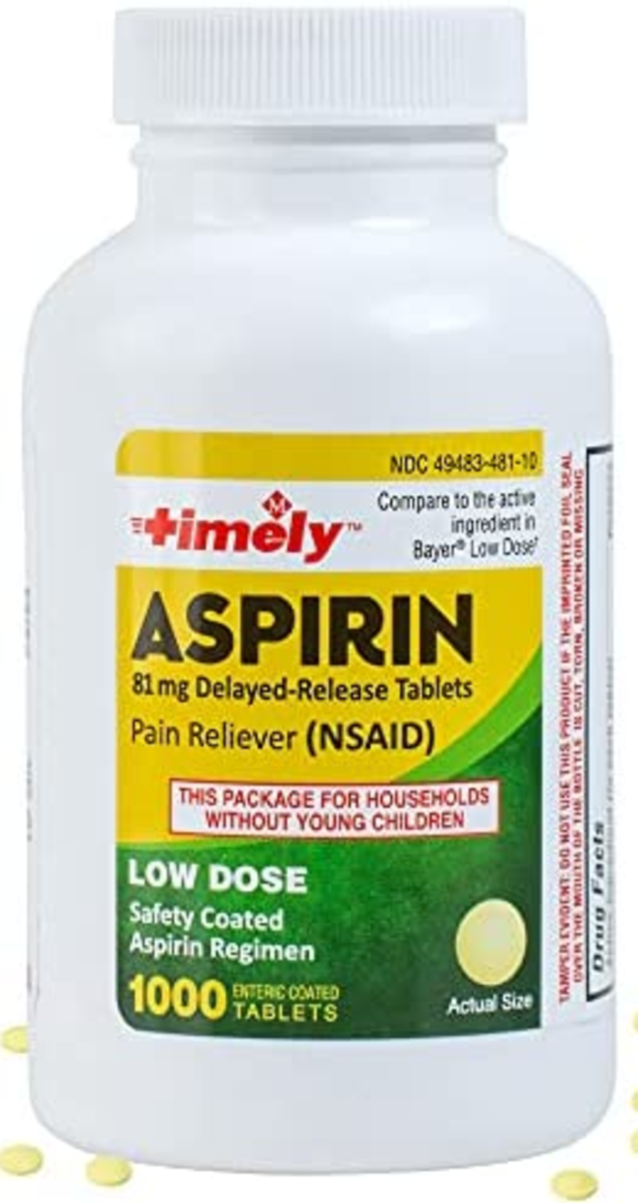 Timely Low Dose Aspirin 81 mg 1000 Enteric Coated Tablets Compare to Bayer