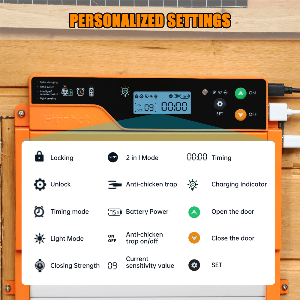 Fitinhot Auto Chicken Coop Door Solar Powered Timer Light 100FT Remote Control