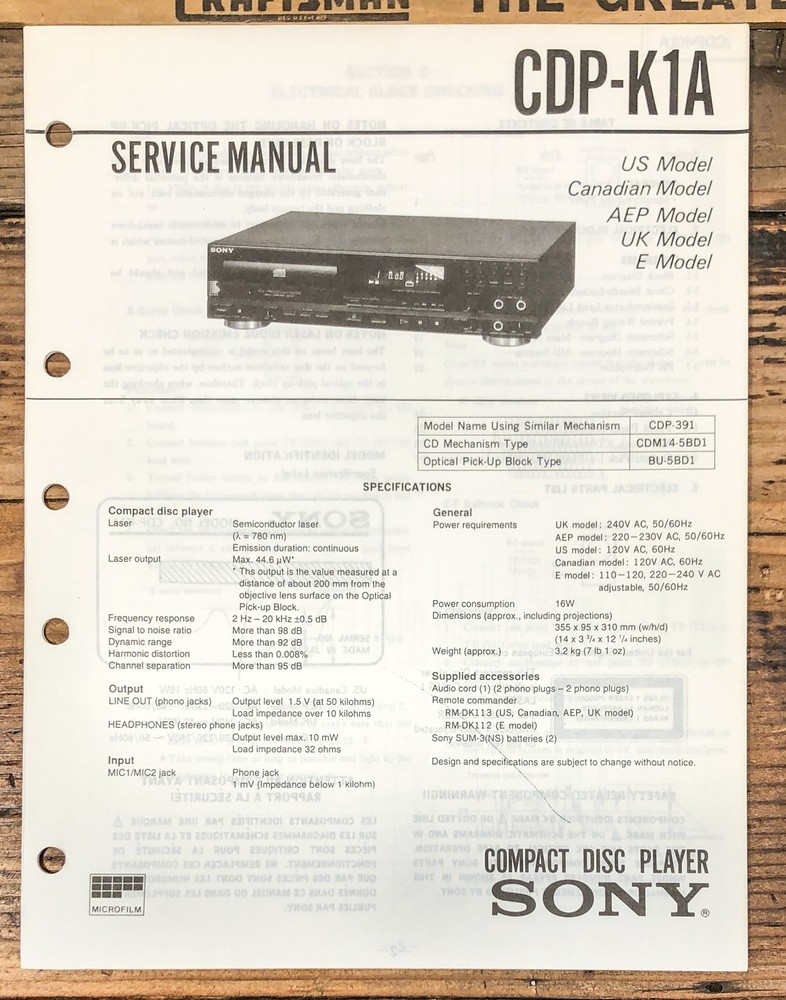 Sony CDP-K1A CD Player  Service Manual *Original*