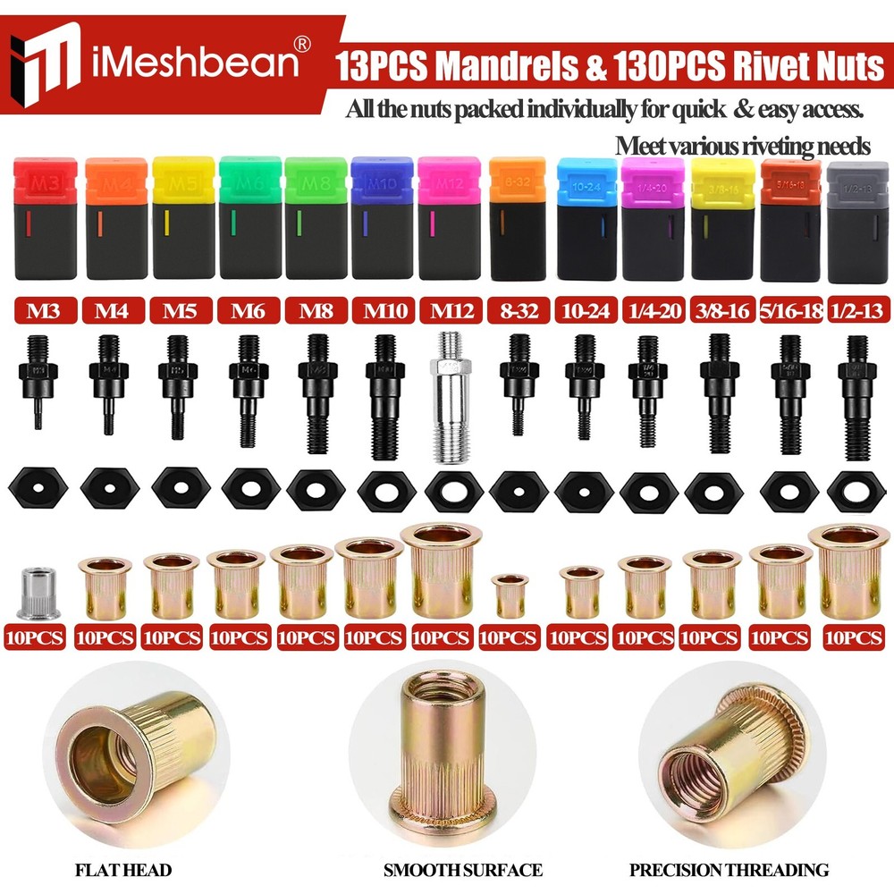 13'' Rivet Gun Kit Rivnut Thread Setting Tool Nut Setter NutSert Metric 130PCS