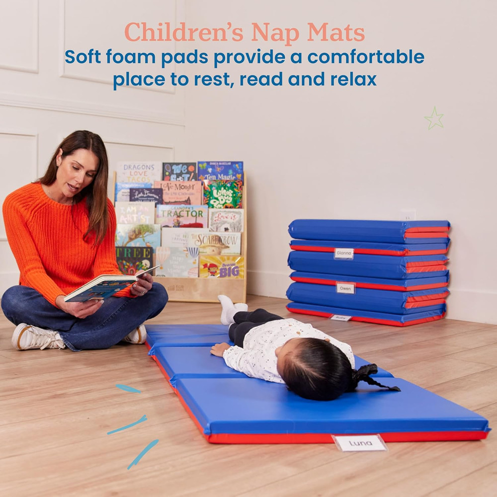 Premium Folding Rest Mat, 3-Section, 2In, Sleeping Pad, Blue/Red