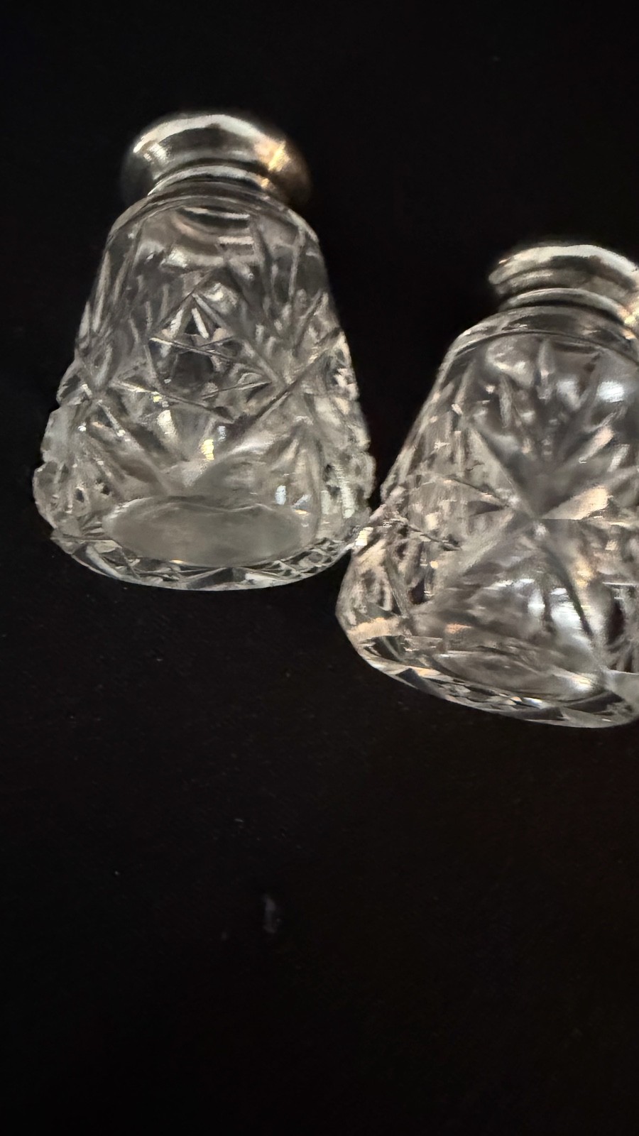 Antique American Brillant Cut Crystal Salt & Pepper Shakers Sterling Lids