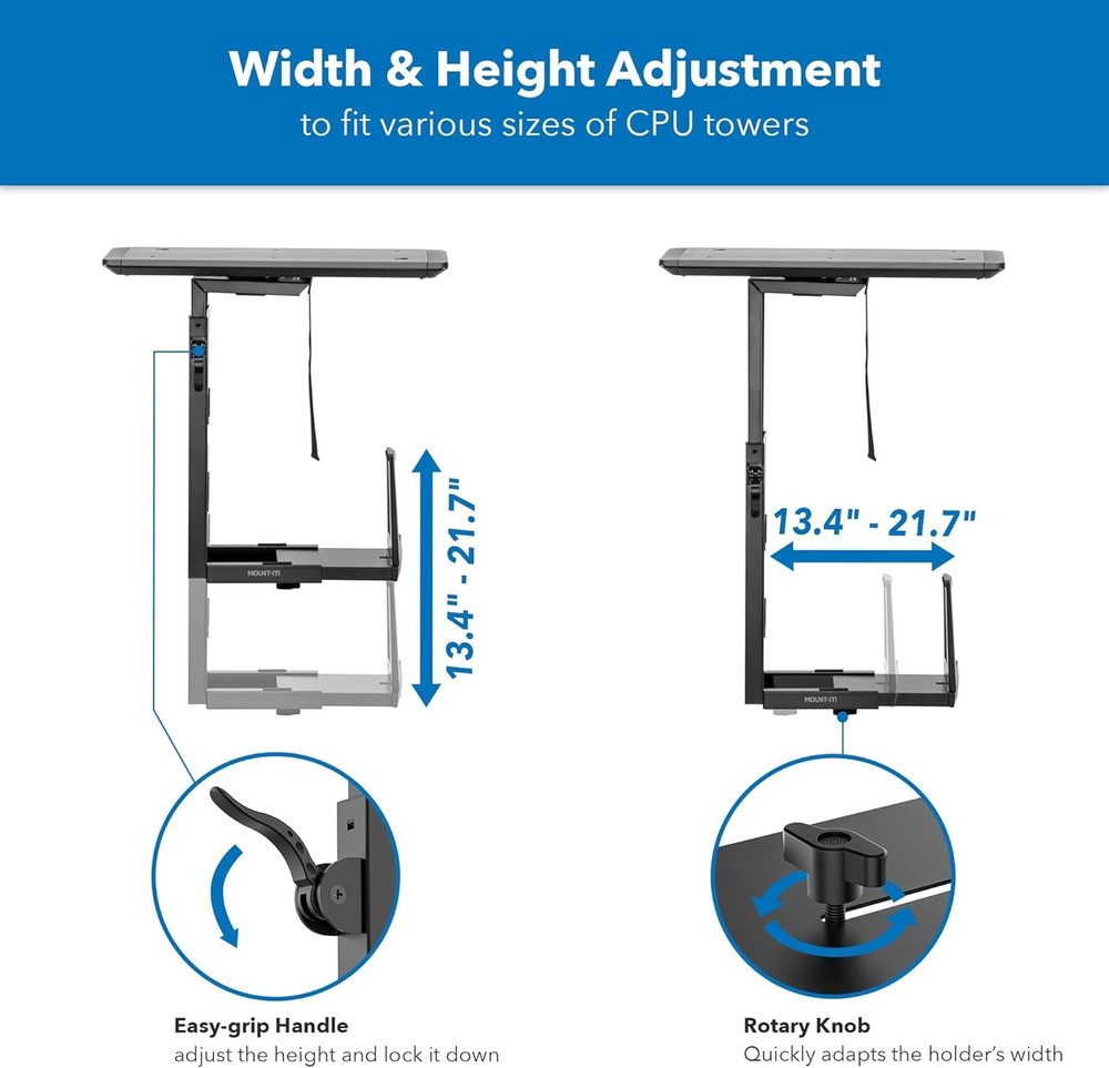 Mount-It! CPU Under Desk Mount Bracket Rack, Adjustable Computer Tower Black