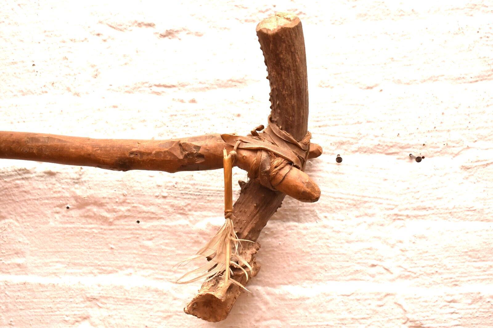 Antique Native American Indian Plains carved Wood W ANTLER war club Axe Tomahaw