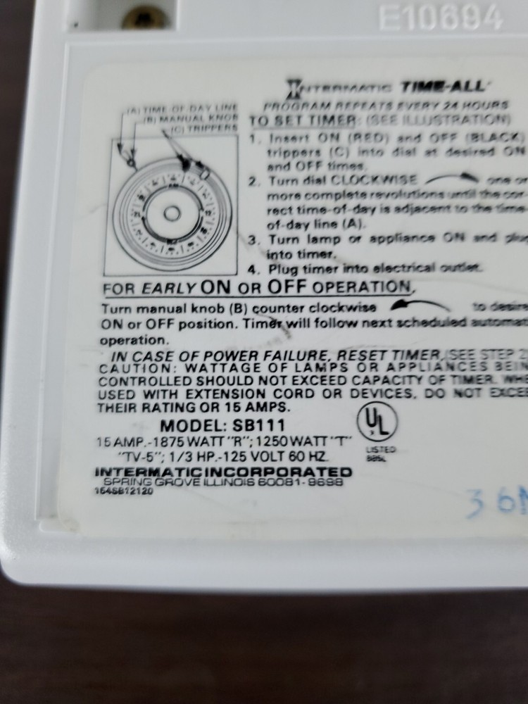 Intermatic 24 Hour Lamp & Appliance Timer 1 On/Off Setting SB111