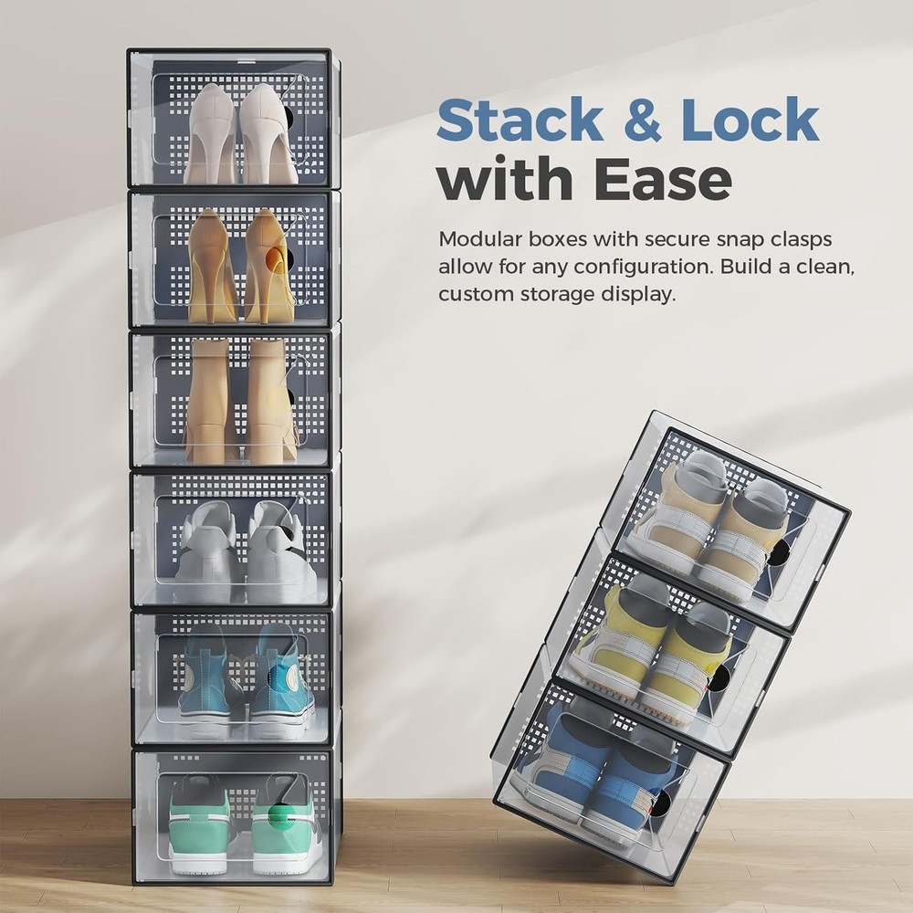 DUMOS Shoe Storage Boxes, 12-Pack Stackable Clear Shoe Containers with Lids, Dis