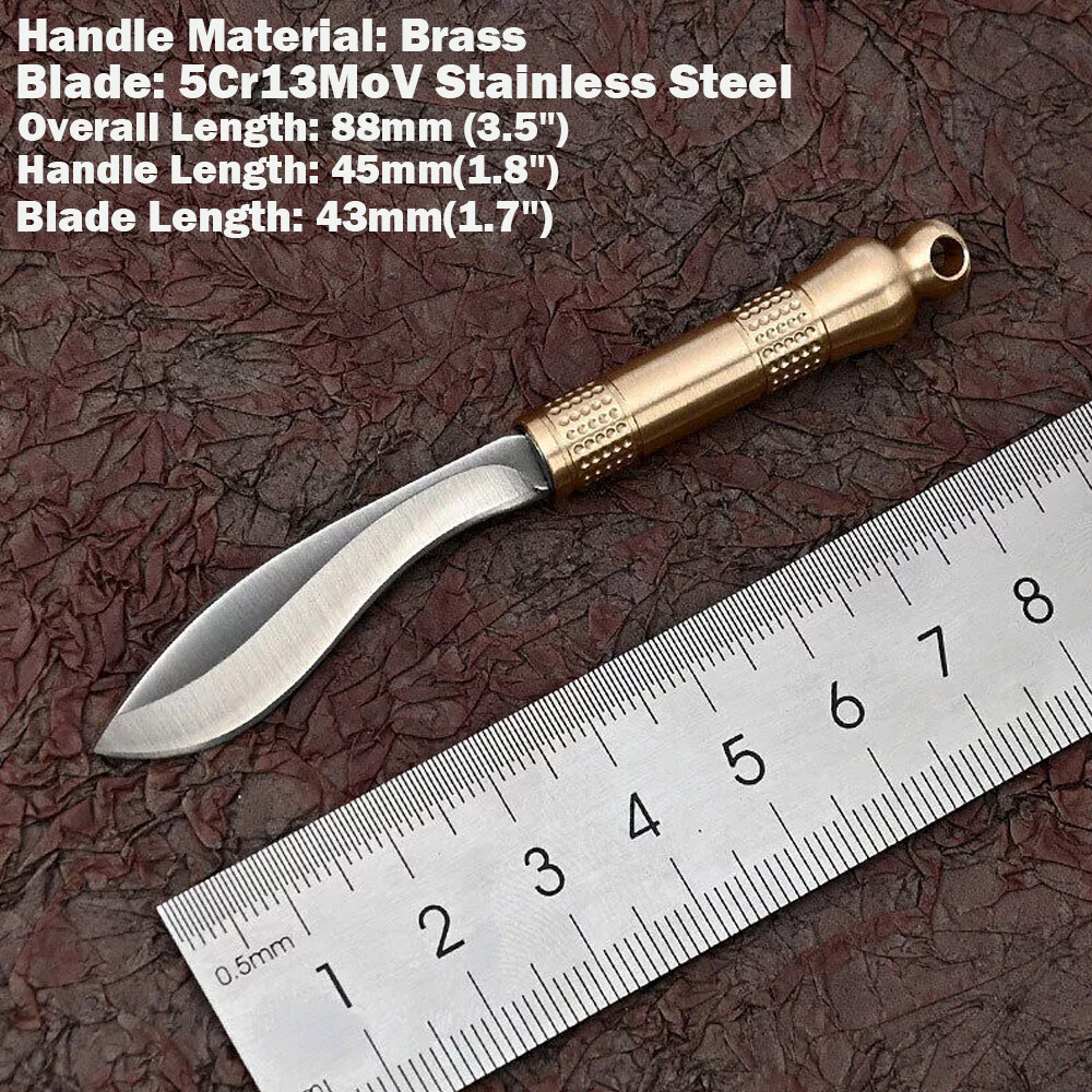 Mini Fixed Blade keychain Brass Leather Sheath Outdoor Camping EDC Tool U