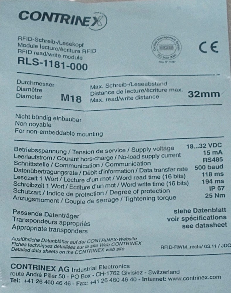 New Contrinex RLS-1181-000 RFID Read/Write Module