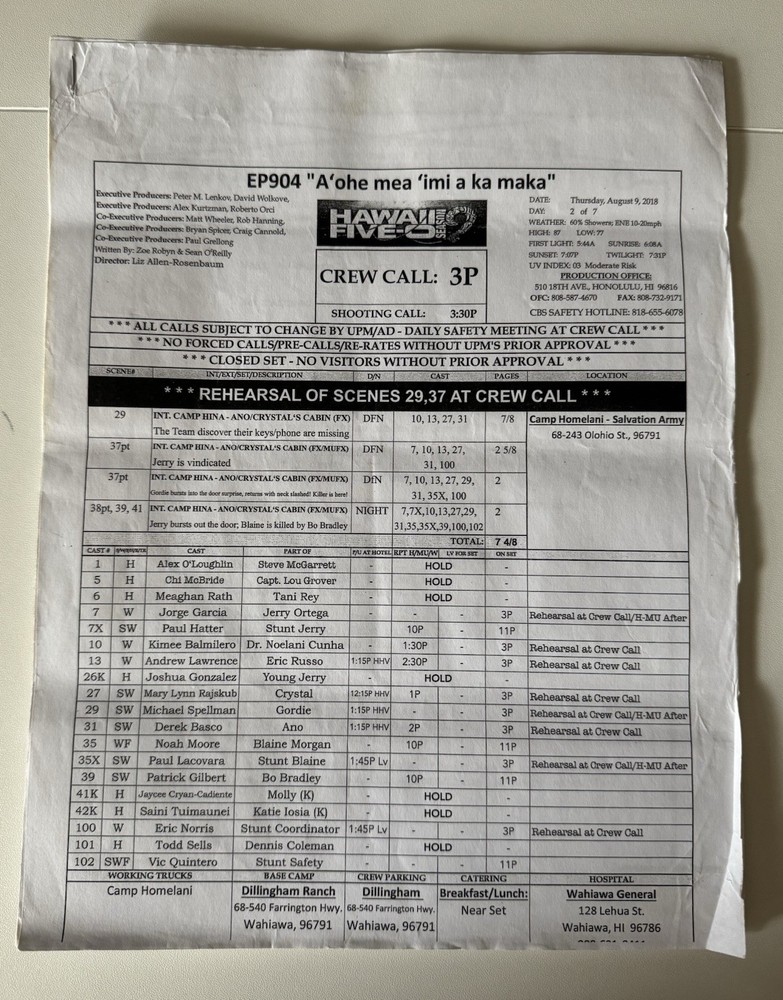 Hawaii Five-O Call Sheets With Script Segments