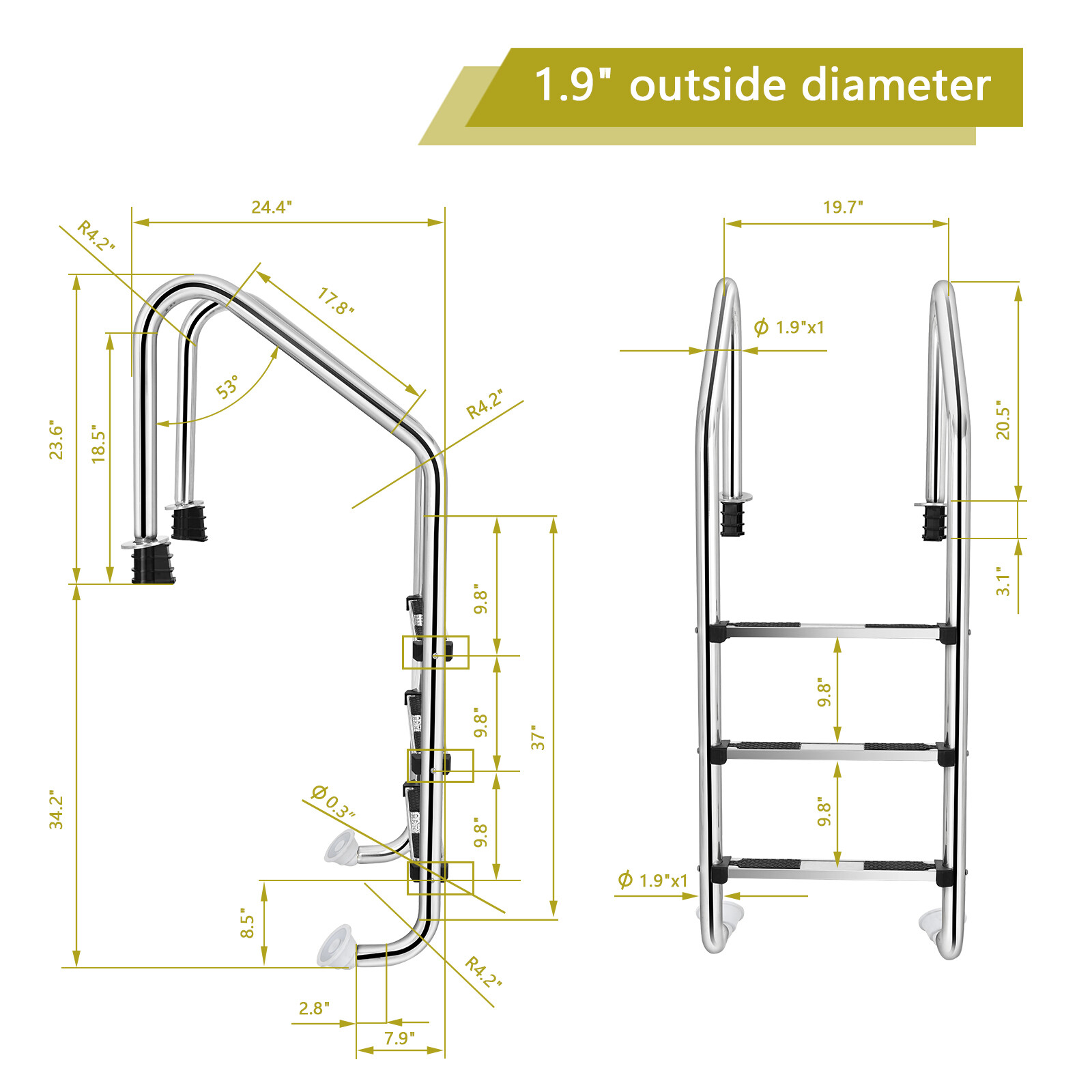Costway Stainless Steel 3-Step Swimming Pool Ladder In-Ground w/ Anti-Slip Step