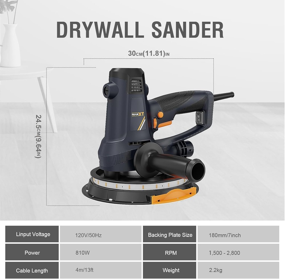 Electric Handheld Drywall Sander with Variable Speed and Dust Extraction Feature