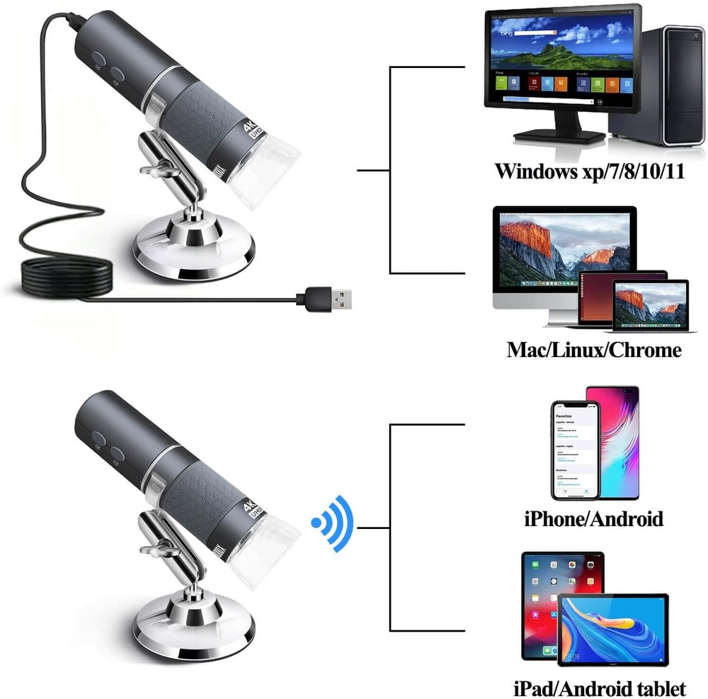 Ninyoon 4K WiFi Microscope for iPhone Android PC, 50-1000X USB Digital Grey