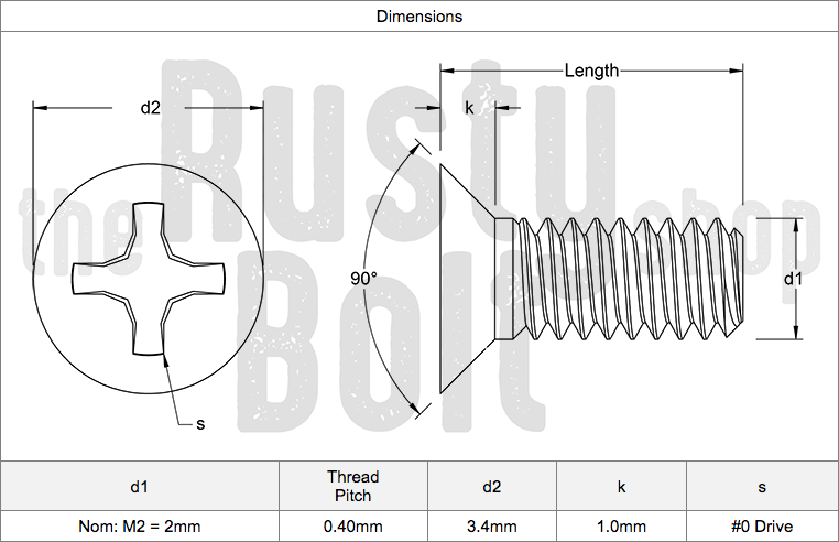 M2 x 3mm, Phillips Flat Head Screws, Steel, Black